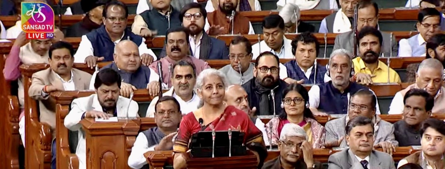 Finance Minister Nirmala Sitharaman presenting the Union Budget on 1 February 2023. (Credit: Sansad TV/ YouTube)